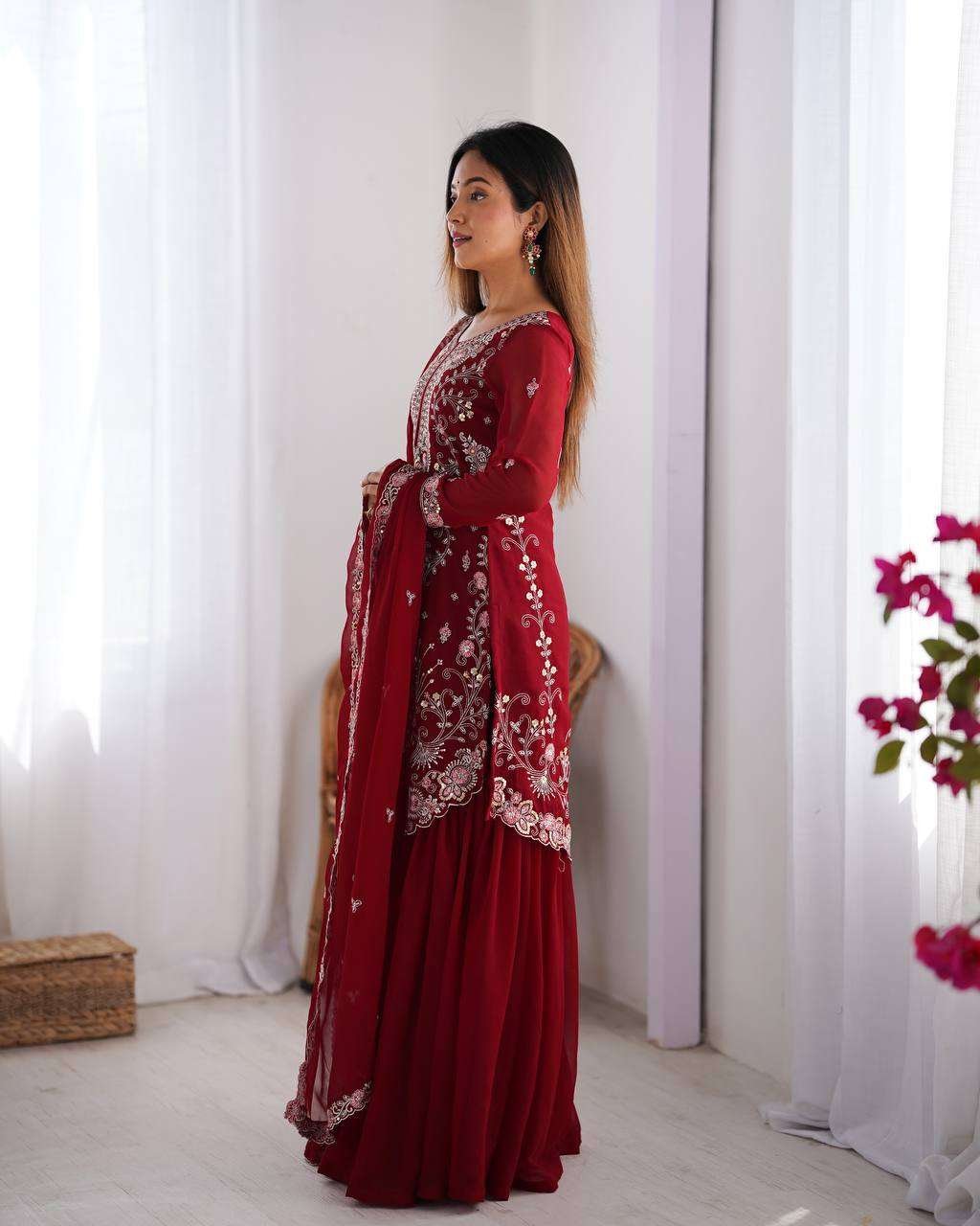 Women's Faux Georgette Sequins & Thread Work Straight Kurta With Sharara Suit and Dupatta Set - Image 7
