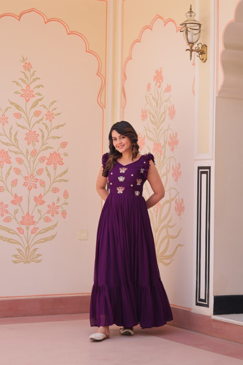 Women's Elegant Plum Purple Georgette Anarkali Gown with Butterfly Applique & Ruffle Sleeves – Festive & Special Occasion Wear - Image 8